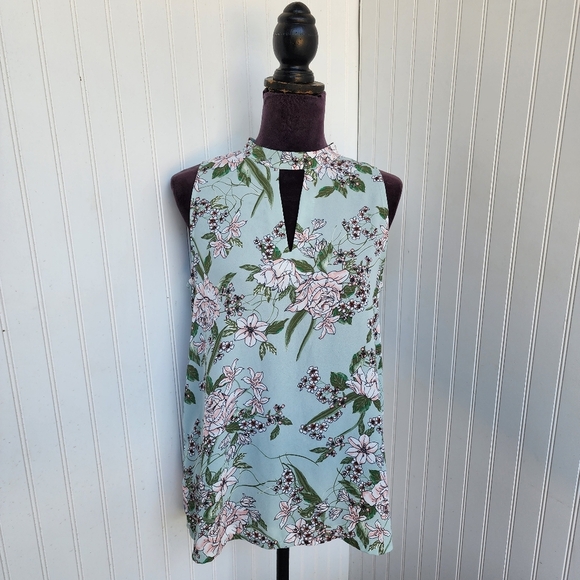 LOFT Women’s Floral Print Blue Keyhole Front Open Back Tie Sleeveless Blouse S - Picture 1 of 12